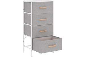 KU Syang Dresser with 4 Drawers - Fabric Chest of Drawers with Large Storage Space, Modern Tall Tower Unit Storage Organiser for Living Room/Bedroom, Wooden Top and Metal Frame (Light Grey)