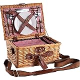 eGenuss Cestino da picnic in vimini per 2 Persone con tracolla rimovibile, scomparto frigo e accessori inclusi | ROSSO