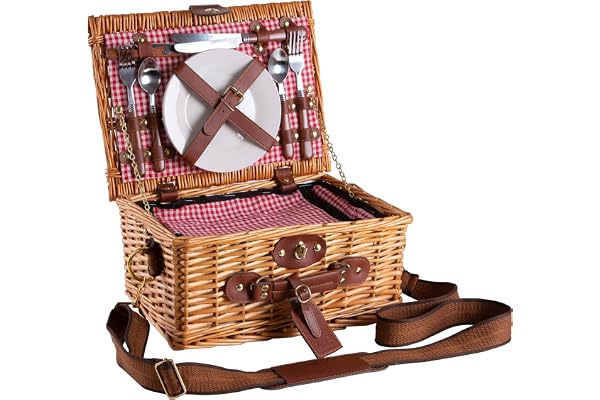 eGenuss 1 Panier de Pique-Nique en Osier pour 2 Personnes - Bandoulière Amovible, Compartiment Isotherme et Accessoires Inclus - Motif Vichy Rouge