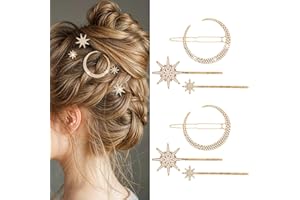 AOZUO 6 Piezas Pinzas para el Cabello de Metal con Estrellas, Accesorios para el Cabello de Metal con Estrella y Luna para Mujer con Diamantes de Imitación, Horquillas para Novia y Boda (Oro)