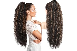 Brikabia Ponytail Extension 30" Long Claw Clip Ponytail Extensions Curly Wavy Pony Tails Hair Extensions Synthetic Hairpiece, Dark Chocolate Brown with Highlights