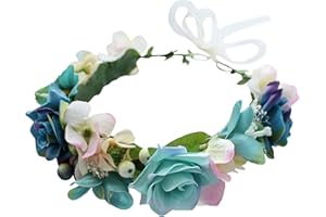 Brikuinr Floral Crown Headband Boho Flower Headband Hair Wreath Hair Garland Flower Halo Floral Headpiece with Ribbon Wedding Party Festival Blue