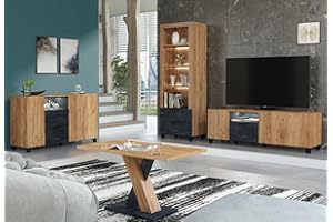 Furneo Enzo 2/4/6/8 – Living Room Set with TV Stand, Display Cabinet, Sideboard & Coffee Table, Oak and Black Concrete Effect, White LED Lights
