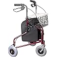 Homecraft Folding Three Wheeled Rollator, Tri Mobility Walker with Lockable Cable Brakes, Carry Bag, Basket and Tray, Walking Mobility Aid, Lightweight Foldable Steel Frame, Ruby