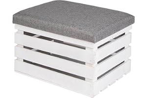 ‎LAUBLUST LAUBLUST Sitzhocker mit Stauraum - ca. 50x40x30cm, Weiß - Polster Grau | Hocker aus Holz - Sitzbank für Drinnen & Draußen | Aufbewahrungshocker mit Deckel | Sitzpouf & Fußhocker