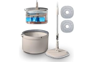 Tower Duo Compact Spin Mop & Bucket, Clean & Dirty Water Separation, Effortless 360° Wringing, 2 Reusable Microfibre Mop Pads, Latte & Grey