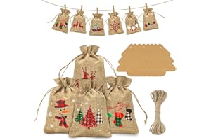 jijAcraft Calendario de Adviento para rellenar, sacos de yute: 10 x 15 cm, 24 bolsas de regalo de Navidad con colgantes de abeto y cuerda de yute para decoración de árbol de Navidad