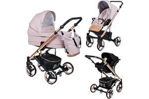 EMJOT Poussette Combinée Trio 3 en 1 Neri Edition Exclusive RoseGold "Summer Sky" Rose Pastel – Landau, poussette promenade, siège auto "i-Size" Groupe 0+ - Avec ses accessoires.