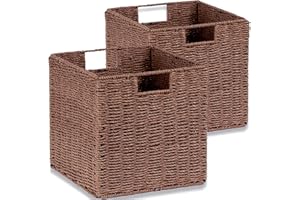 Aluusy Panier Rangement Tressé, Lot de 2 Cube Rangement Pliable en Papier de Jacinthe d'eau, Panier pour étagère Kallax, Bureau, Chambre, Panier pour Vêtements Jouets Magazines 28x28x28cm