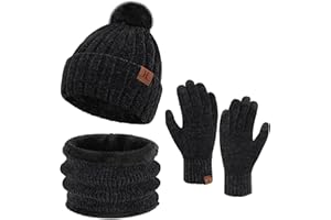 ZASFOU Donna Inverno Berretto Cappelli Sciarpa Touchscreen Guanti Set Maglia ciniglia Teschio Berretto Caldo Pile Foderato