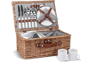 ZORMY 2 Personen Wicker Picknickkorb Set mit isoliertem Kühler, Picknickkorb mit Bechern, Besteck, Weingläsern, Tellern und Servietten