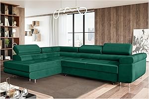 ‎MEBLINI MEBLINI Schlafcouch mit Bettkasten - Ecksofa mit Schlaffunktion - Sofa mit Relaxfunktion und Kopfstützen - Couch L-Form - Eckcouch - Wohnlandschaft - MALIBA - 277x203x63cm Links - Grün Samt