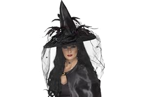 Smiffys Witch Hat, Feathers & Netting, Black Deluxe, Halloween Fancy Dress Accessory, Witch Dress Up Hats