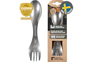 Light My Fire Sporks Stainless Steel Grade 304, 3-in-1 Unbreakable Camping Cutlery Knife Fork Spoon Set for 1, Travel Cutlery Set, Camping Accessories Survival Equipment, Gifts for Scouts Metal Spork