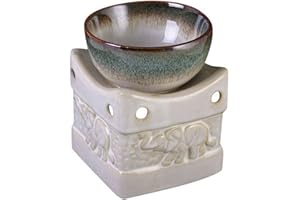SOMETHING DIFFERENT Glazed Ceramic Elephant Oil Burner - 10.5cm x 9cm (1 Pc) - Two Tone Cream & Green Effect - Perfect for Aromatherapy and Home Decor