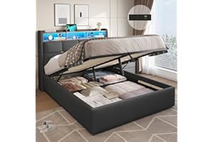 DICTAC Double Ottoman Bed Frame with Hydraulic Storage,Charging Station and Led Lights 4ft6 Upholstered Platform Bed Frame with Storage Headboard,Sturdy Wood Slats,Grey-135x190 cm(No Mattress)