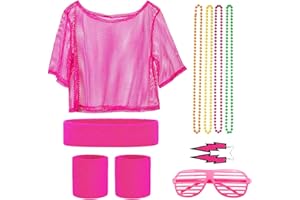 CHEVVY 80er Jahre Outfit Damen 80er Neon Netz Shirt Stirnband Armband Ohrringe Halskette 80er Jahre Kleidung Kostüm Neon Accessoires Thema Party Karneval Damen Frauen Mädchen