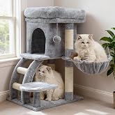 Heybly Cat Scratching Tree, 75 cm High Tower for Cats with Top Platform, Burrow, Hammock, Climbing Ladder, Cat Toys, Light Gr