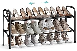 SONGMICS Scarpiera Espandibile, Scaffale Porta Scarpe in Metallo a 2 Ripiani, Organizzatore per Scarpe Regolabile, per Corridoio, Armadio, Entrata, Montaggio Facile, Nero Inchiostro LMR029B01