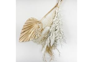 VELAFEE Gold White Dried Flowers Bouquet for Room Decor and Cake - 8 Stems 2 Whisk Pampas Bunny Tail 1 Oats Ruscus Dream Star Flower Golden Palm Leave, 25 x 16 x 2.5 cm
