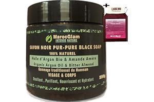 MAROC GLAM Sapone nero marocchino con olio di argan biologico e mandorla amara 250g + guanto Kessa Scrub. Scrub con sapone nero corpo e viso, purificante idratante e nutriente