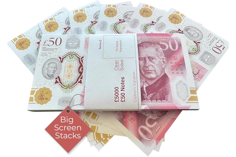 BIG SCREEN STACKS Prop Money UK – 100 Fake £50 King Charles Notes for Film, TV & Photography – Realistic Prop Cash for Content Creators, Games & Pranks, Pretend Play