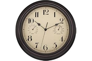 Foxtop Indoor Outdoor Waterproof Wall Clock with Thermometer and Hygrometer Combo, 12 inch Retro Silent Non-Ticking Battery Operated Quality Quartz Round Clock for Patio Home Decor (Bronze)