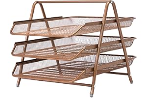 OSCO 3 Tier Wire Mesh Letter Tray Desk Organiser, Steel Mesh Paper Filing Magazine Rack, A4 & Foolscap Document Sorter for Office & Home, Easy Assembly, Durable & Space-Saving, Rosegold