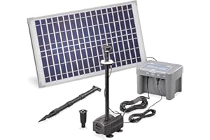 Solaire Pompe de Bassin Professional avec 12V/12Ah Stockage la Batterie et Éclairage LED - 25 Watt Module - 630 L/Hauteur Débit - 1,4 M D’Élévation - Fontaine Étang Jardin Esotec 101925