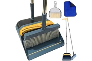 FLOORINGTON Dustpan and Brush Sets Long Broom Long Handled Dustpan & Brush Set Sweeping Brush Household Dust Pan with Soft Brush for Indoor Free Mini Dustpan Brush Set & Cleaning Cloth (GREY & YELLOW)