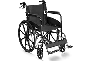 MADE MOBILITY Lightweight Folding Wheelchair - Travel Friendly Foldable Self Propelled Transit Wheel Chair - Adjustable Footrests, Lock Lever Brakes, Dual Parking Brakes - Black, Wide 20" Seat