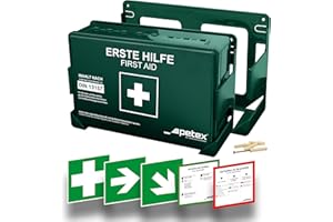 ‎PETEX PETEX Betriebsverbandkasten Standard mit Inhalt nach neuer DIN 13157 inkl. praktischer Wandhalterung, 5x Aufkleber, Erste-Hilfe-Koffer, Verbandkasten in grün für Betrieb, Büro, Baustellen