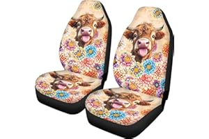 ZIATUBLES Bohemian Floral Highland Cow Print 2 Pcs Vehicle Seat Covers Breathable Car Front Seat Cover Automotive Accessories for Women Men Auto Interior Decorative Protector