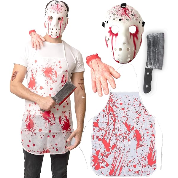Déguisement Ours Horreur Halloween KDISHKRA - Masque + Tablier Ensanglanté, Hache, Gants, Faux Sang & Tatouages