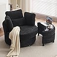DEKKETO Swivel Cuddle Sofa Chair With Footstool Set, Chenille Single Tub Chair With Four Pillow, Snuggle Barrel Chair With Thick Cushion For Adults, Accent Round Armchairs For Living Room, Black