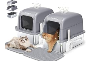 MeoWant Katzenklo Edelstahl, 81 L Großes Kapazität Abnehmbare Dreischichtige Geschlossene Geruchsdichte Katzentoilette Edelstahl, Edelstahl Katzenklo Mit Pedals, Schaufel Und Matte(Grau 2er-Pack)