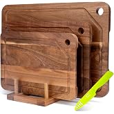 Set of 3 Acacia Wood Cutting Boards with Hanging Hole | Juice Slot, Fruit Knife and Holder Included, Double-Sided Cutting Boa