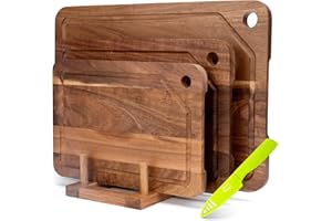 TJ POP Set di 3 Taglieri in Legno di Acacia con Scanalatura per Succo, Supporto e Coltello da Frutta in Omaggio, Con Funzione di Appendere, Tagliere Doppio Lato per Carne, Verdure e Formaggio.