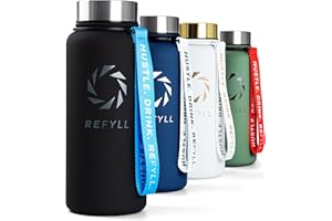 REFYLL X Butelka termiczna ze stali nierdzewnej "Power" 1L I 2 nakrętki I Podwójne ścianki I Butelka izolowana I 24 godziny zimna i 12 godzin ciepła I Bez BPA I Butelka fitnessowa