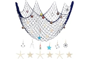 DETENE 2M*1.5M Red Pesca Decoracion con Conchas Red de Peces Decoración de Pared Azul Red De Pesca con Conchas para la Decoración de Fiestas Náuticas Decoración de Paredes Familiare