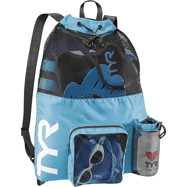 Borsa Da Nuoto In Rete Con Coulisse - Zaino Spiaggia, Palestra, Fitness, Azzurro Con Moschettone - Foto 6