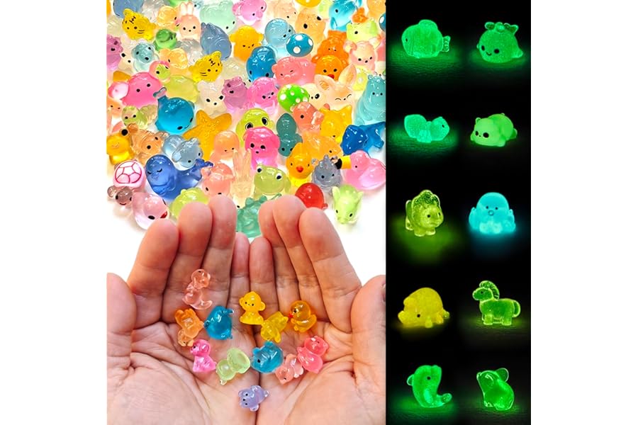 POTWPOT Mini Resin Animals Figures (Set of 60) | 60 Styles No Repeat, Glow in the Dark, Great for Micro Landscape Potted Garden Aquarium Dollhouse Decor (Small)