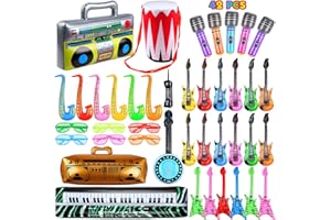 SEEMATN 42 Pcs Inflatable Rock Star Toy Set, Inflatable Party Props Musical Instrument 80s Party Decorations 90s Theme Party Decorations Including Inflatable Guitars Bass Guitar Saxophone Microphones and More
