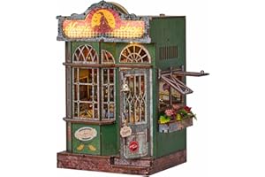 DIY Book Nook Kit with LED Lights, 3D Wooden Puzzles and Bookends, Movable and Rotating Parts, Adult Gift Idea Bookshelf Decoration Set (Magic Shop)