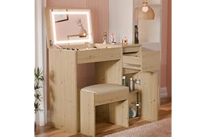 Blisswood Dressing Table with Flip-Up Mirror and Led lights, Vanity Desk with Hidden Storage, Beauty Makeup Organiser for Small Spaces, Bedroom Dresser or Work Table for Teen kids Women (Oak)