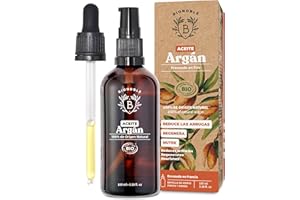 Bionoble Aceite de Argán Orgánico 100ml - 100% Puro, Natural y Prensado en Frío - Rostro, Cuerpo, Cabello, Barba, Uñas - Vegano, Cruelty Free - Botella de Vidrio + Pipeta + Bomba