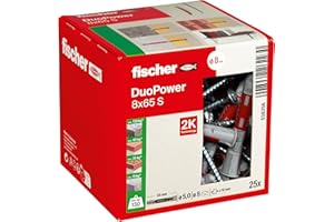 Fischer DuoPower 8 x 65 S, Powerful Universal Plug with Safety Screw, Intelligent 2-Component Technology for fastenings in Concrete, Bricks, Stone, etc., 25 Plugs & 25 Screws