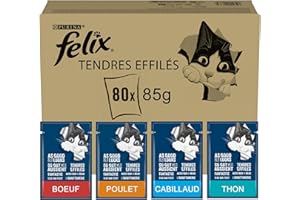 FELIX | Tendres Effilés | Chat Adulte | En Gelée | Recette 100% Complète et Equilibrée | au Thon, Cabillaud, Bœuf et Poulet | Sachets Fraîcheurs | 80 x 85g