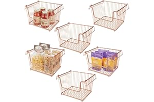 mDesign Juego de 6 cestas metálicas con asas – Organizador de cocina con atractivo diseño de rejilla – Cesto organizador de metal para armarios de cocina, despensa o cuarto de baño – color bronce
