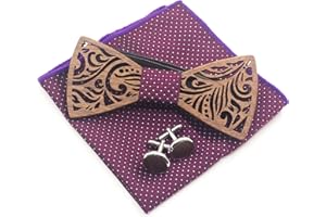 Cyriacus Juego de pajarita de madera, incluye papillón y gemelos, pañuelo cuadrado (3 unidades), diseño único calado, adecuado para usar en múltiples escenas